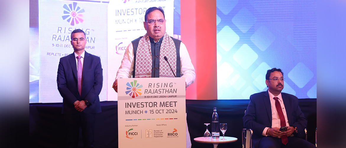  Hon'ble CM of Rajasthan Shri Bhajan Lal Sharma addressing potential investors during the 'Rising Rajasthan: Munich Investor Meet' on 15th October 2024
