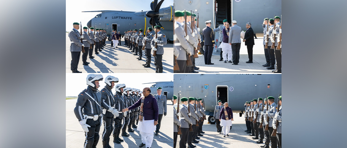  Raksha Mantri Shri Rajnath Singh arrives in Berlin on a Special German Military Aircraft for his 3-day visit to Germany